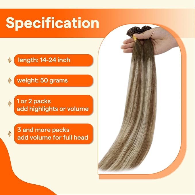 Full Shine Ktip Human Hair Extensions 24 Inch 50 Grams Medium Brown Ombre Ash Brown and Honey Blonde Keratin Tip Hair Extensions Long Straight Remy Hair add Length