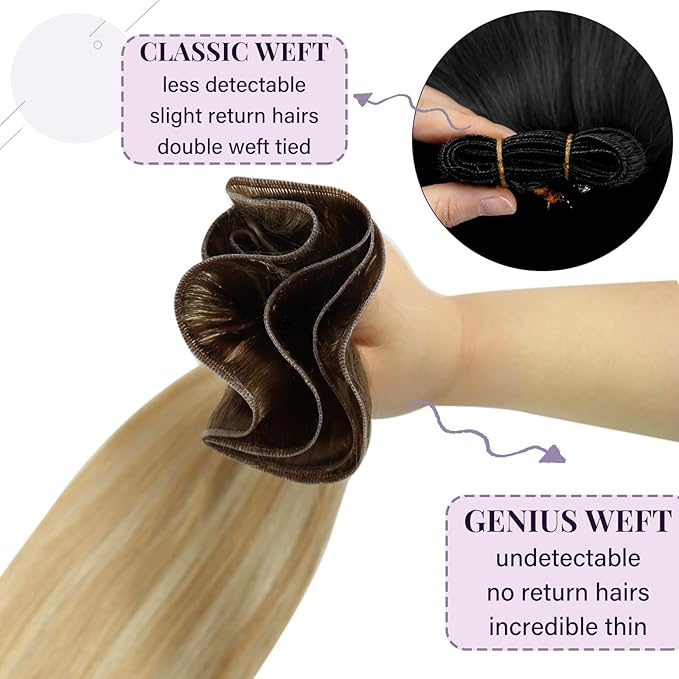 Fshine Genius Weft Hair Extensions Sew in Human Hair Color Chestnut Brown to Honey Blonde Mix Platinum Blonde Genius Weft Hair Extensions for Women 24 Inch 60g