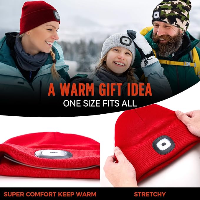 Unisex Beanie Hat with Light, Rechargeable Headlight Cap, Stocking Stuffers for Men, Cool Gadget Gifts for Him, Birthday Gifts for Women, Gifts for Him, Red