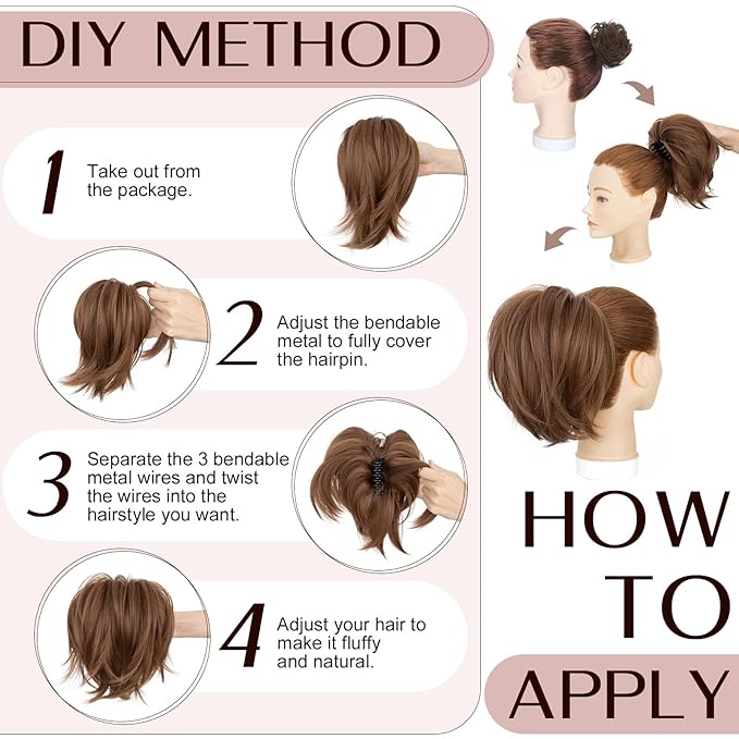Claw Clip Short Ponytail Hair Extensions Messy Bun Hair Piece Pony Tails Hair Extensions with Bendable Metal Wire Hair Pieces DIY Style 12 Caramel Brown 8 Inch