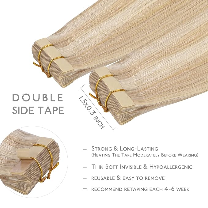 WENNALIFE Tape in Hair Extensions Human Hair, 20pcs 50g 16 inch Dirty Blonde Highlighted Bleach Blonde Remy Hair Extensions Straight Human Hair Tape in Extensions Skin Weft Extensions Hair