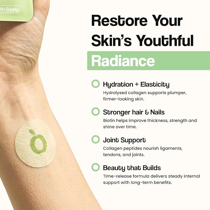 Collagen Glow Beauty Restore Patches | 5X Stronger Formula | Collagen Peptides, Vitamin C, Pro-Retinol, Coq10, Hyaluronic Acid & Biotin for Hair Growth | Daily Patch for Skin & Hair Wellness