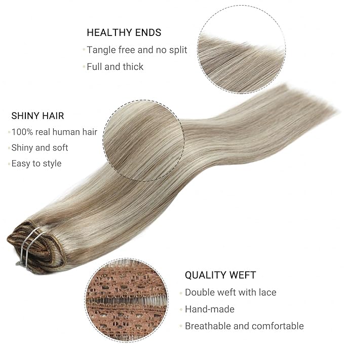 Clip in Human Hair Extensions 5 Pcs Remy Highlights Hair Extensions Clip ins Ash Brown Highlights Platinum Blonde Real Hair Extensions 12 Inch 80g Clip on Hair Extensions