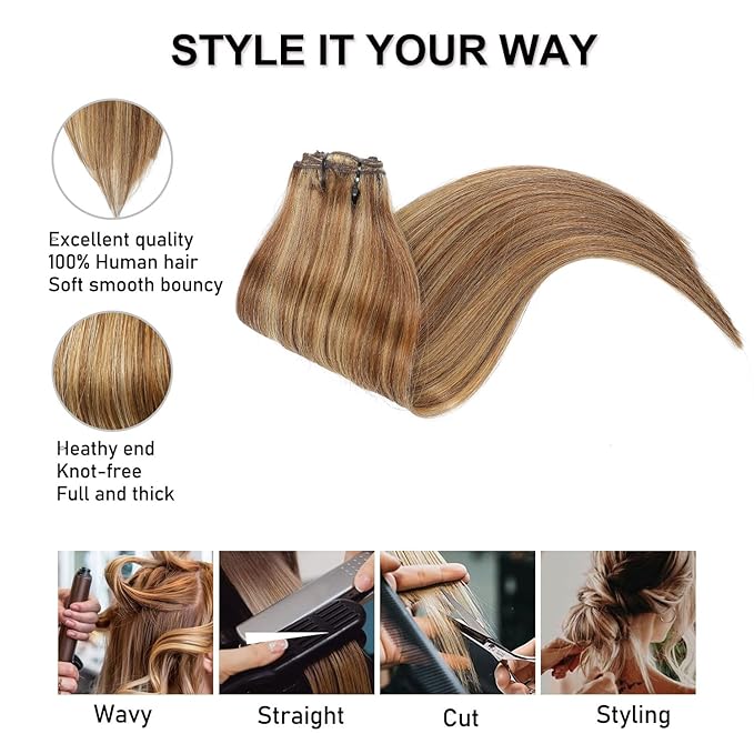 Clip in Hair Extensions Real Human Hair Chocolate Brown to Caramel Blonde 12 inch 7pcs 70g/Pack, Human Hair Clip in Extensions, Salon-Grade Quality, Easy Comfort Wear for Women (#P4/27, 12 inch)