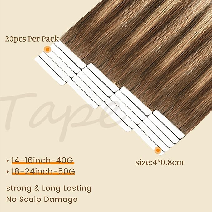 DNE Tape in Hair Extensions Real Human Hair 20 inches 20Pcs/50g/Pack Seamless Dark Brown to Chestnut Brown#T4-P4/27 Straight Invisible Double Sided Tape in Hair Extensions for Women/Girls