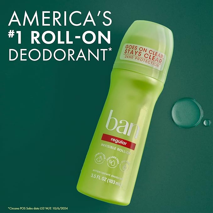 Ban Original Unscented 24-hour Invisible Antiperspirant, 3.5oz Roll-on Deodorant, 4-pack, Underarm Wetness Protection, with Odor-fighting Ingredients
