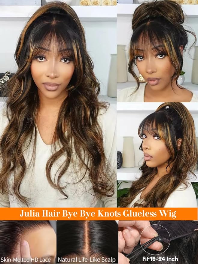 Julia Hair Pre Everything Glueless 13x4 HD Lace Front Wigs Human Hair Pre Plucked Pre Cut Balayage Highlight Body Wave Curtain Bangs Bye Bye Knots Drawstring Wigs Ready to Wear Frontal Wig 24 Inch