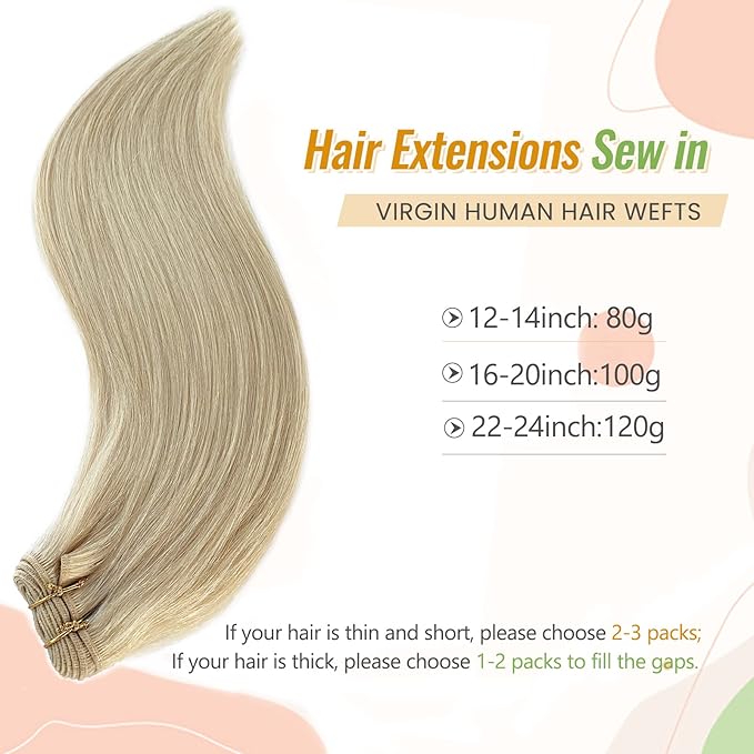 Platinum Sew in Hair Extensions Real Human Hair Bundle 22 Inch 120G Hand Tied Weft Hair Extensions Human Hair Platinum Blonde Sew in Weft Bundles Silky Straight for Women