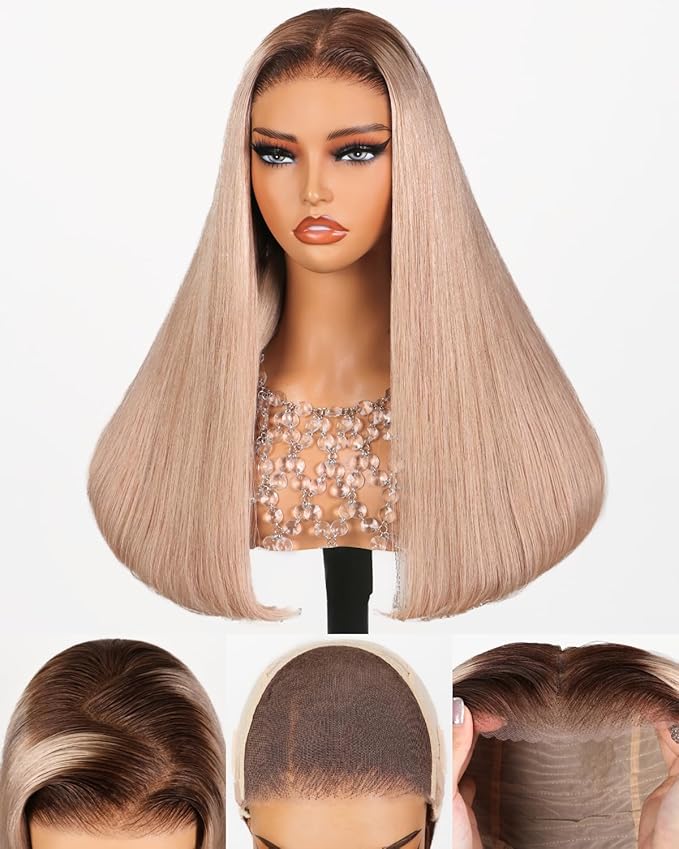 Arabella Ash Blonde Wig Human Hair 5x6 Glueless Wigs Human Hair Pre Plucked Pre Cut HD Lace Closure Wig 230% Density 20/ASH Blonde Ombre Lace Front Wig Straight Wig 18 Inch