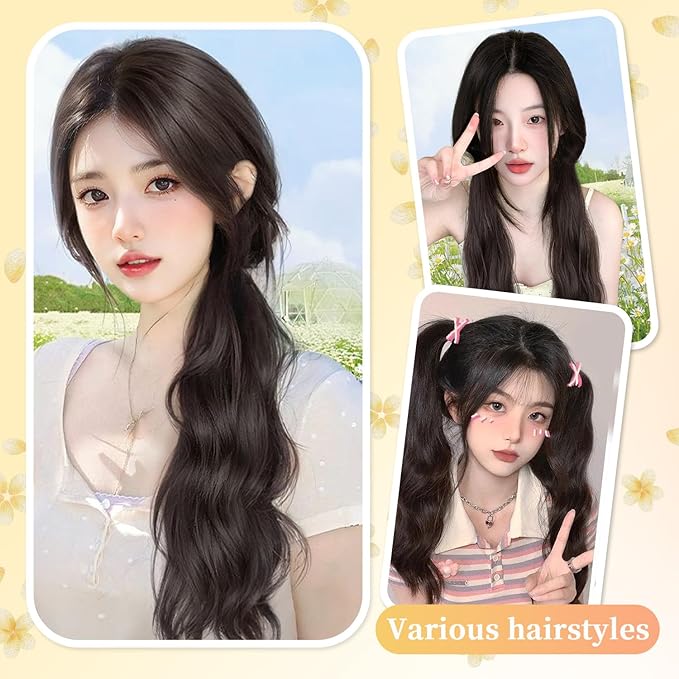 2PCS Curly Ponytail Extension with Hair Tie Hair Natural Wig Elastic Band Wave Fake Ponytail Wigs Accessories for Women Daily 17 Inch (2pcs-brown black)