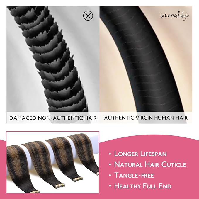 WENNALIFE Tape in Hair Extensions Human Hair Balayage Dark Brown Mixed Chestnut Brown Tape in Extensions, 10pcs 30g 20 inch Remy Invisible Tape Ins Straight Soft Real Human Hair Tape in Extensions