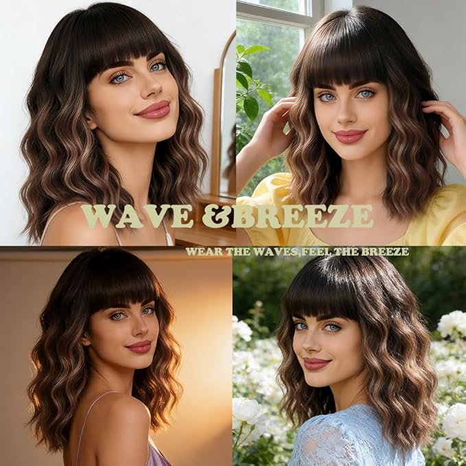 WAVE&BREEZE Brown Highlight Blonde Wig with Bangs Short Curly Bob Wigs for Women 14 Inch Shoulder Length Natural Looking Hair Replacement Wigs for Cosplay Party Use