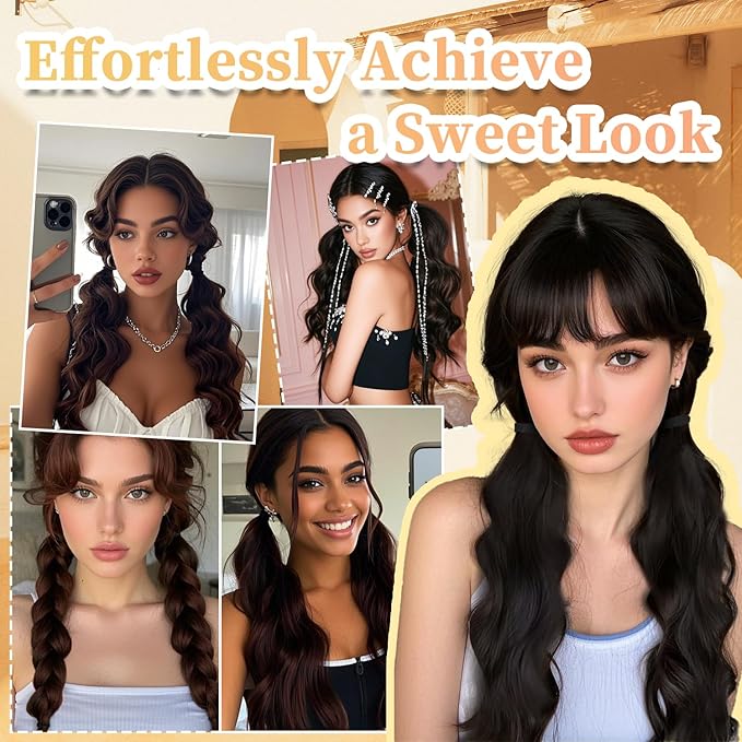 2PCS Curly Ponytail Extension with Hair Tie Hair Natural Wig Elastic Band Wave Fake Ponytail Wigs Accessories for Women Daily 17 Inch (2pcs-brown)