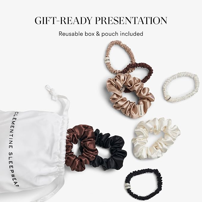 Clementine Sleepwear Organic Silk Scrunchie Set Ice Cream | 4 Skinny and 4 Midi Scrunchies Made with GOTS Certified Silk for Gentle, Frizz-Free Styling