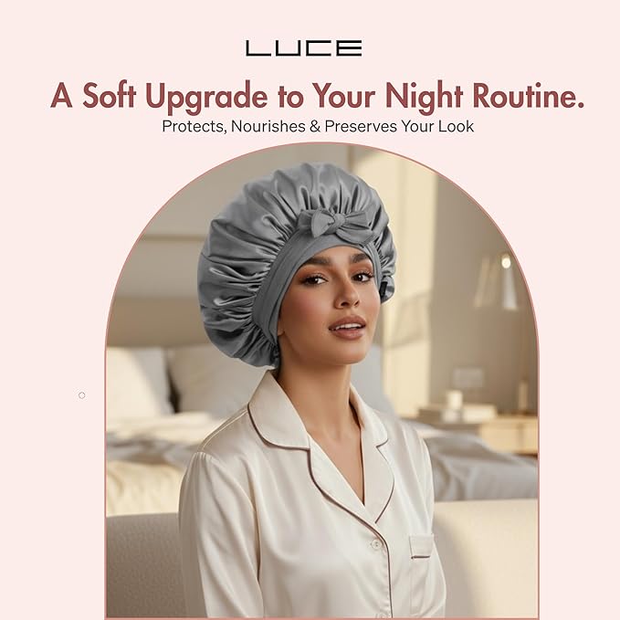 LUCE Satin Bonnet for Sleeping – Adjustable Double Layer Hair Cap for Women, Prevents Frizz & Breakage, Comfortable Night Cap