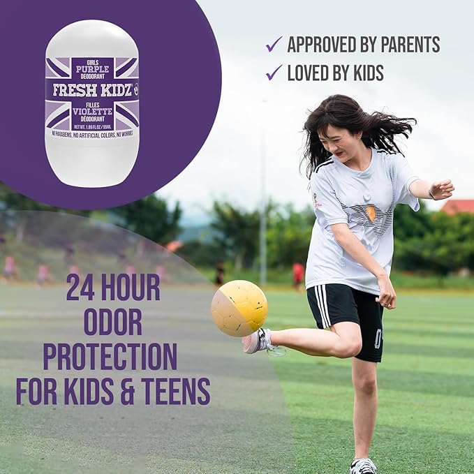 Fresh Kidz Body Wash 16.9 fl.oz. and 2 Roll-On Deodorants 1.86 fl.oz. for Kids and Teens - Girls Purple Set