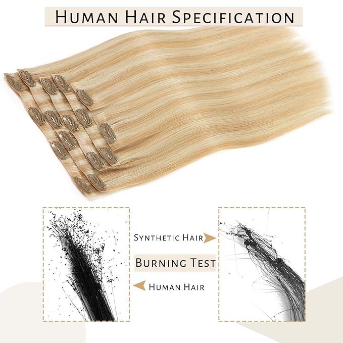 Caliee Human Hair Clip in Hair Extensions P12-60A Light Golden Brown and Highlight Platinum Blonde Clip in Hair Extensions Real Human Hair Silky Straight Double Weft Lace Clip ins 120G 16 Inch