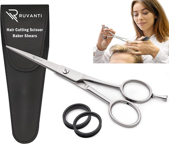 Ruvanti Hair Scissors - Professional Hair Cutting Scissors for Salon & Home Use, Sharp Edge Stainless Steel Barber Scissors, 6.5” Overall lenght with Comfortable & Smooth Grip