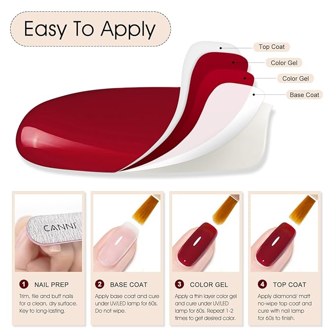CANNI Jelly Red Gel Polish – 0.3oz Translucent Deep Dark Red Sheer Wine Color, High Gloss UV/LED Soak-Off Gel Nail Polish for DIY Manicure, Salon Quality For Girls & Women