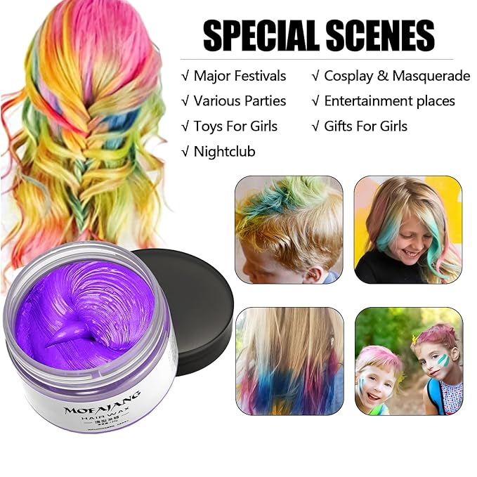 Temporary Hair Color Chalk For Kids, Hair Wax Color For 4 5 6 7 8 9 Year Old Girl Gifts, Birthday,Party, Cosplay DIY, Children's Day, Halloween, Christmas (6, Red Pink Gold Blue Green Purple)