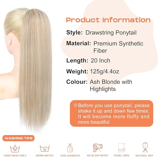 SEIKEA Ponytail Extensions Drawstring Long Straight Fake Pony Tail Natural Soft Clip in Hair Extension Synthetic Heat Resistant Hairpiece 20 Inch Ash Blonde with Highlights