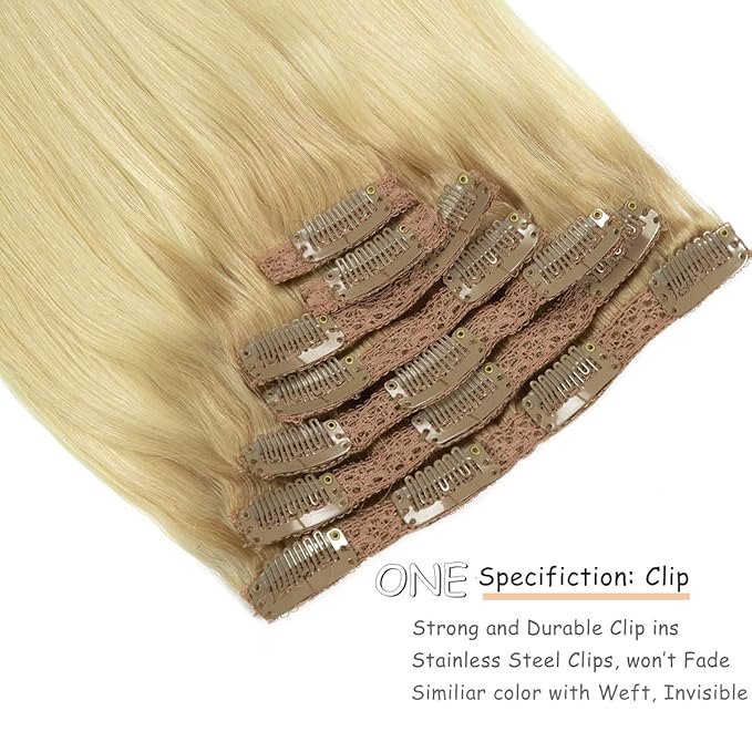 Caliee 14 Inch Human Hair Extensions Clip in Color R12/60 Ombre Light Golden Brown Roots to Platinum Blonde Silky Straight Natural Clip in Hair Extensions Remy Hair 120G 7Pcs for Full Head