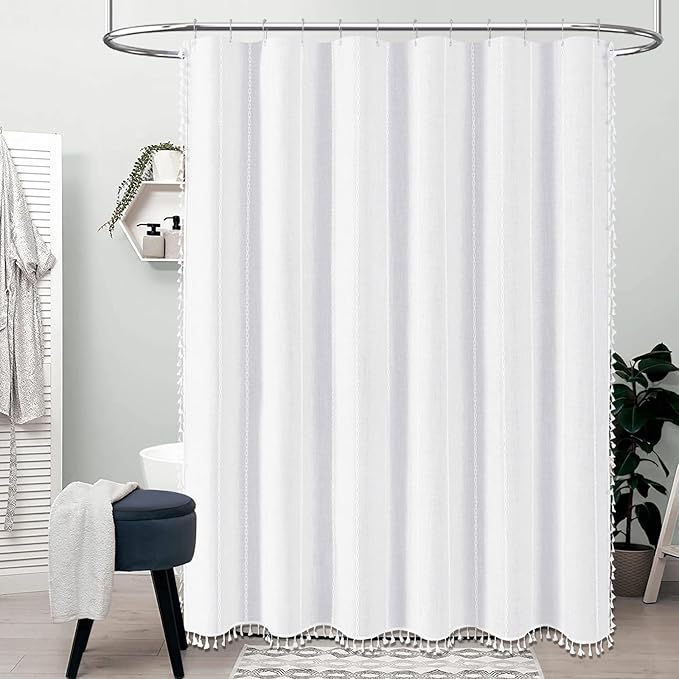 BTTN Boho Long Shower Curtain, 72x78 Inch Long Linen Ultra Thick Fabric Shower Curtain Set with Plastic Hooks, Tall Modern Farmhouse Country Neutral Textured Cloth Shower Curtains for Bathroom, White
