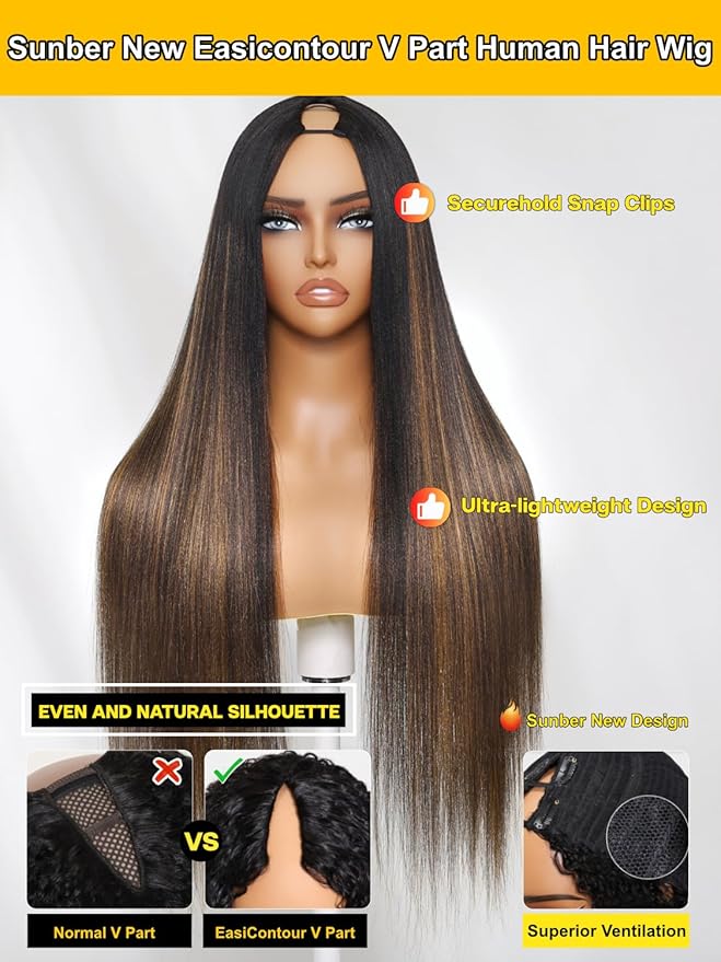 Sunber Ombre Brown Highlight Yaki Straight V Part Human Hair Drawstring Glueless Wig No Leave Out Vpart Balayage yaki straight Clip In Half Wigs No Leave Out Real Scalp V Shape 20Inch