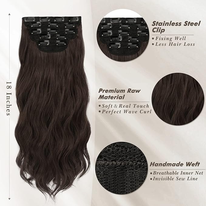 BARSDAR Wavy Clip in Hair Extensions - 5PCs 18 Inch Brown Hair Extensions Clip in for Women - Thick Soft Synthetic Clips in Hairpieces Daily Party Halloween - Dark Chocolate Brown