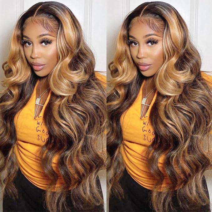 34 Inch Highlight Ombre Lace Front Wig Human Hair 13x6 HD Lace Body Wave Frontal Wigs Human Hair 180% Density P4/27 Colored Lace Front Glueless Wigs Human Hair for Black Women