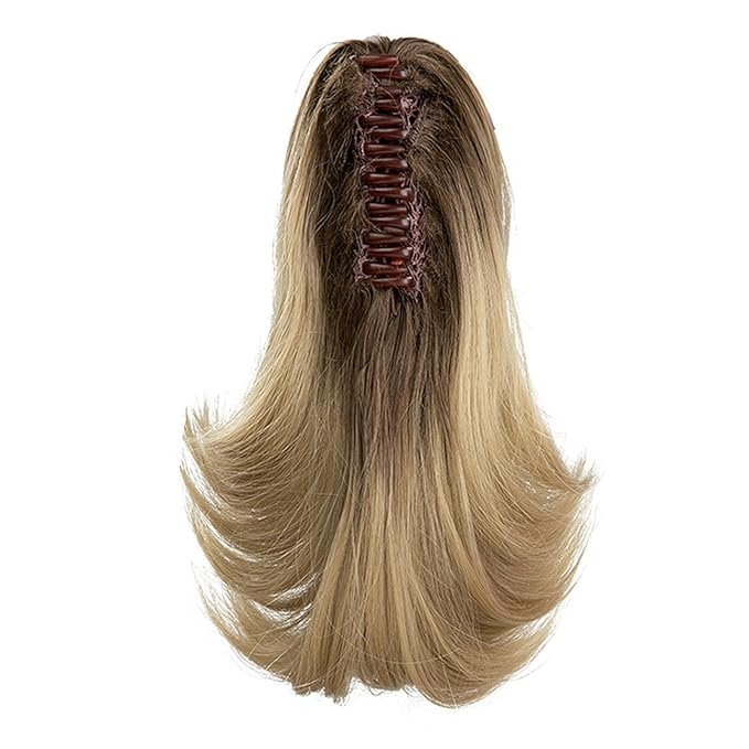 Ponytail Hair Extensions, 12 Inch Claw Clip Ponytail Hair Extensions for Women, Chin Clip Wigs, Soft Synthetic Wigs-Brown to Ash Blonde