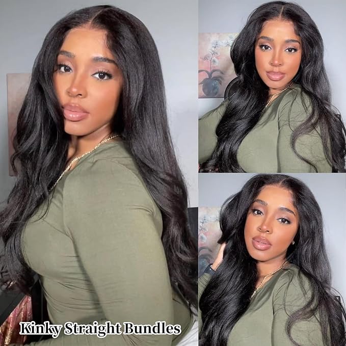 Kinky Straight Bundles 16 18 20 Inch 12A Yaki Straight Human Hair Bundles 100% Unprocessed Brazilian Virgin Remy Hair 3 Bundles, Silky Soft, No Smell, No Shedding, No Tangle