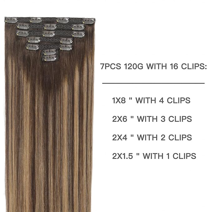 Clip in Hair Extensions Balayage Chocolate Brown to Caramel Blonde Real Human Hair Extensions 20 Inch 7pcs 120g Remy Hair Extensions for Women Clip Extensions Full Head Straight Hair