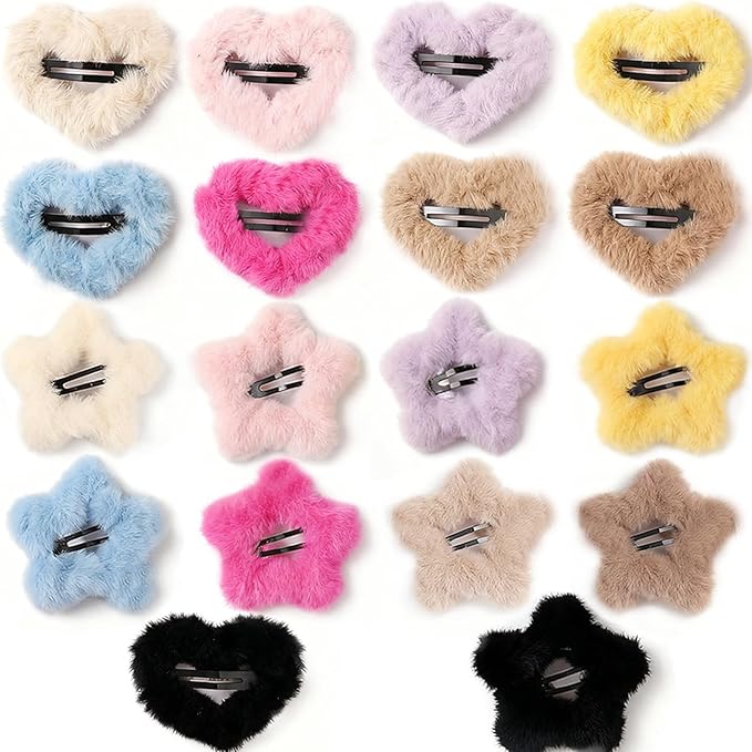 18PCS Velvet Star and Heart Hair Clips, Cute Non-Slip Hair Barrettes, for Women and Girls Hair Styling Accessories, 9 Colors