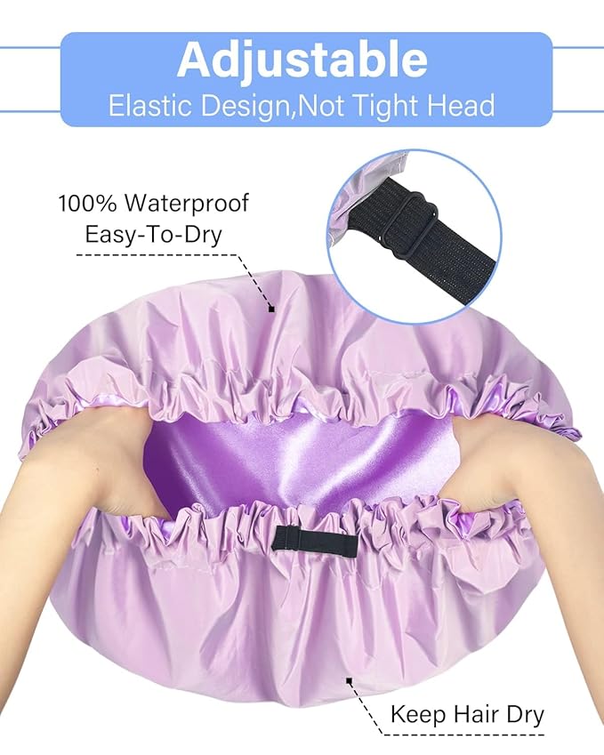 Aquior Shower Cap,Extra Adjustable Shower Caps for Women Double-Layer Waterproof Reusable Hair Cap, Large Size Hair Cap for All Hair,for Girls Spa Bath,Soft and Comfortable (Purple)