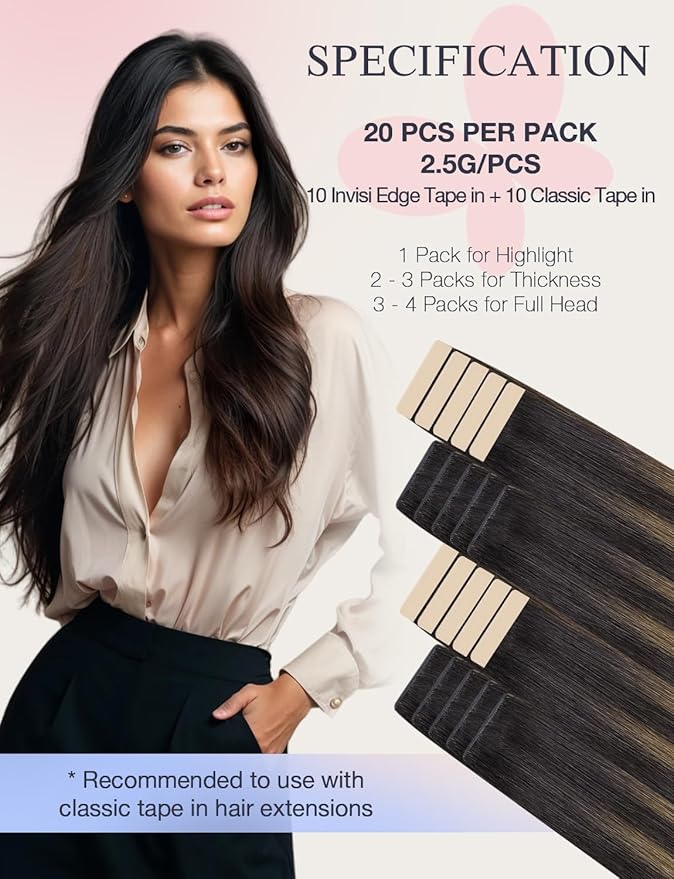 DOORES Injection Tape in Human Hair Extensions Invisi Edge, Dark Brown to Chestnut Brown 10 Injection Tape-ins with 10 Classic Tape-ins 50g 14 Inch, Tape in Extensions Virgin Hair