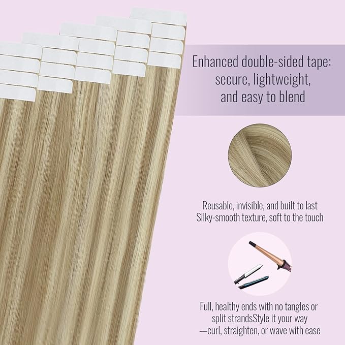 Fshine Blonde Tape in Extensions Real Human Hair Dark Ash Highlighted Golden Remy Silky Straight 12 Inch 20pcs 30g Seamless Natural Look for Women