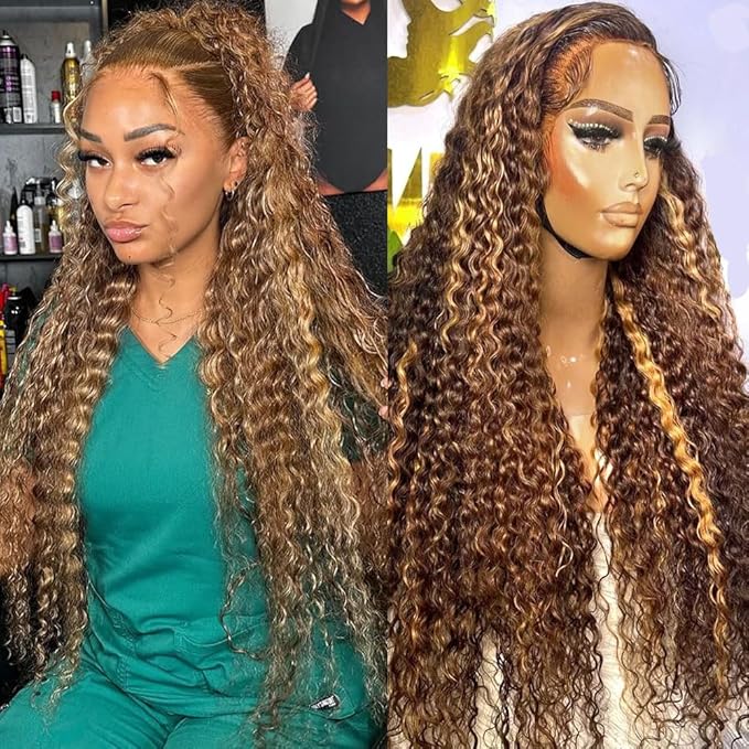 Highlight 13x4 HD Lace Front Wigs Human Hair 4/27 Deep Wave for Black Women 180 Density Ombre Honey Blonde Curly Glueless Lace Frontal Wigs Human Hair Pre Plucked (32inch)