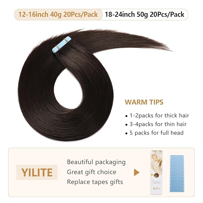 YILITE Remy Human Hair Tape in Extensions - 14 Inch, 40g, 20pcs, Straight, Natural Black 1B