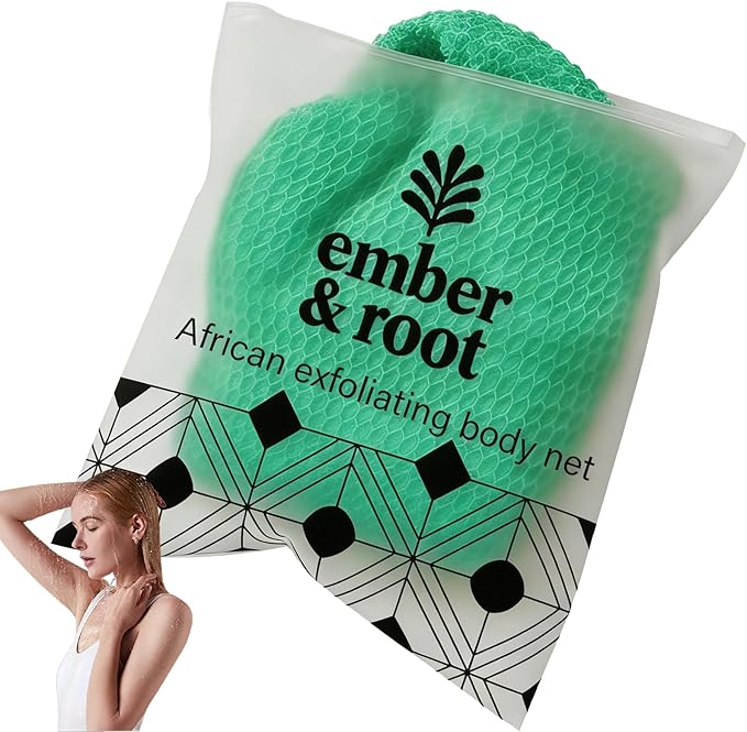 African Exfoliating Body Net Sponge, Ember and Root African Net Sponge, Exfoliating Towel, Gentle Exfoliation, Exfoliating Washcloth Face & Body Scrub Towel for All Skin Types (Green)