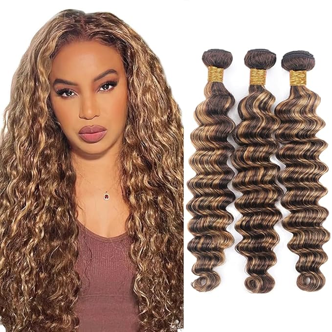 Honey Blonde Bundle Human Hair P4/27 Deep Wave Bundle Color 27 Pineapple Wave Bundles 14 16 18 Inch Brazilian Virgin Remy Hair 3 Bundles