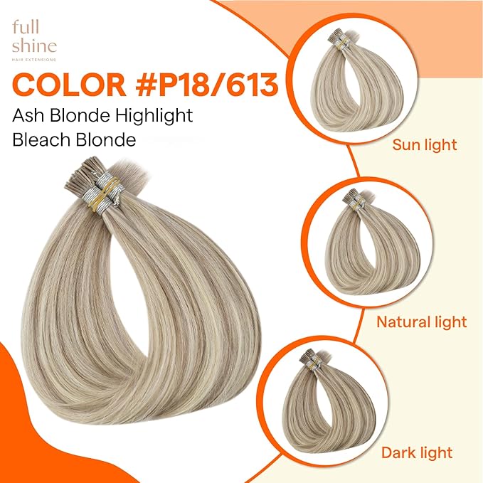 Full Shine I Tip Hair Extensions Human Hair 18 Inch Ash Blonde Highlights Bleach Blonde Itip Human Hair Extensions Fusion Extensions Real Human Hair 50 Grams