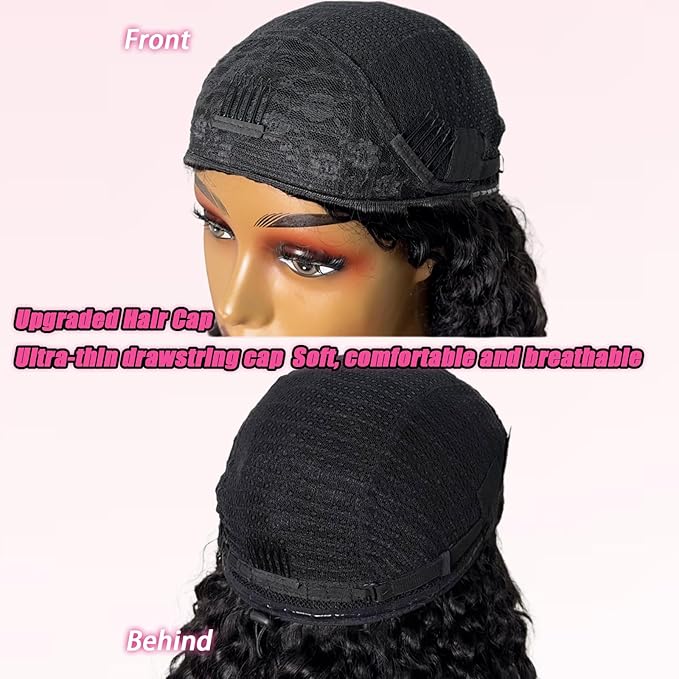 SENSAIRUITE Deep Wave Half Wig Human Hair Curly Half Wigs for Women - Upgrade Drawstring 3 in 1 Seamless Flip Over Glueless Wig 14-inch Natural Black