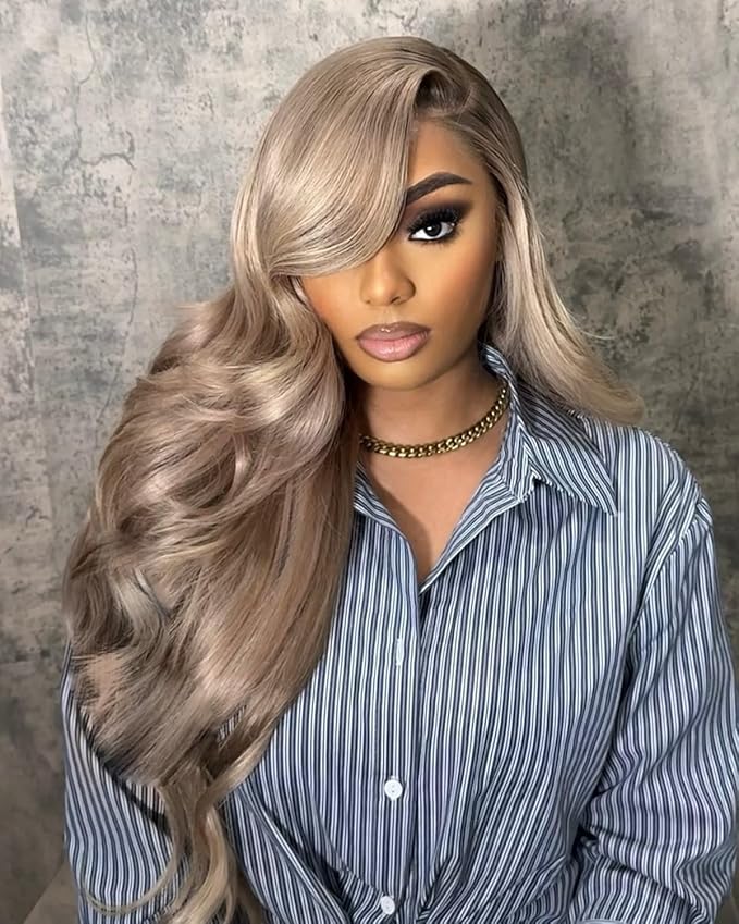 Alididi Ash Blonde Wig Human Hair 180% Density Milk Tea 13x6 Body Wave Hd Platinum Grey Balayage Lace Front Wig More Full And Thicker Pre Plucked Pre Cut Natural Hairline With Baby Hair 24 inch