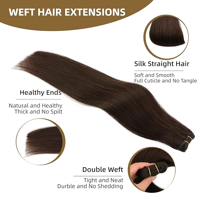 Sew in Hair Extensions Real Human Hair, 110g 24 inch #2 Dark Brown Hand Tied Weft Hair Extensions Human Hair Double Weft Quick Weave Bundles Silky Straight