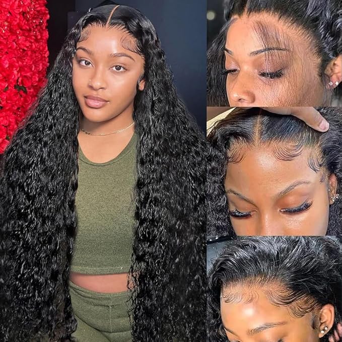 13x6 Deep Wave Lace Front Wigs Human Hair 200% Density Wet and Wavy Curly Human Hair Wig Pre Plucked for Women Nature Color 32 Inch