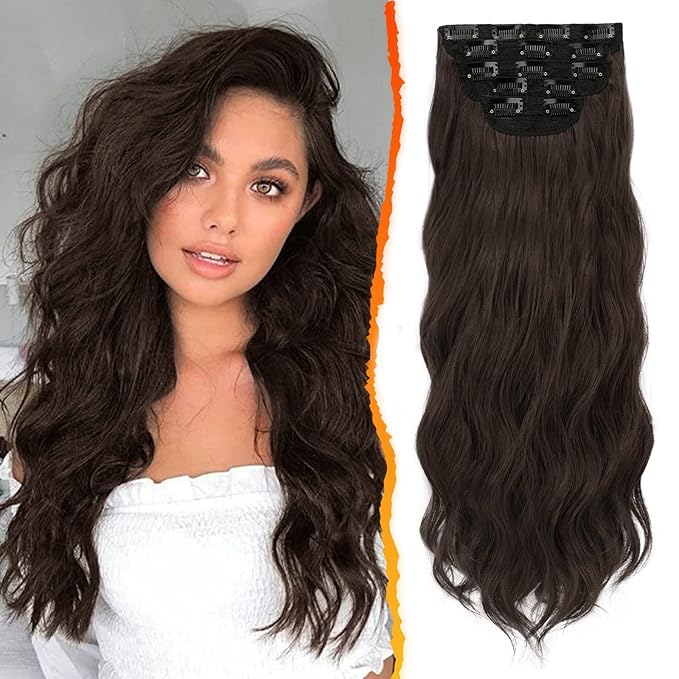 BARSDAR Dark Chocolate Brown Wavy Clip in Hair Extensions - 20 Inch Brown Clip in Hair Extensions for Women - 5PCs Thick Soft Synthetic Hairpieces Daily Party Halloween