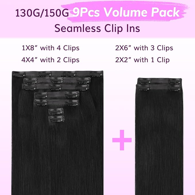 IDN BEAUTY Seamless Clip In Hair Extensions Human Hair, Straight 18 Inch 130g 9pcs Natural Black Real Virgin Human Hair Seamless Clip Ins For Black Women PU Weft Invisible Edge