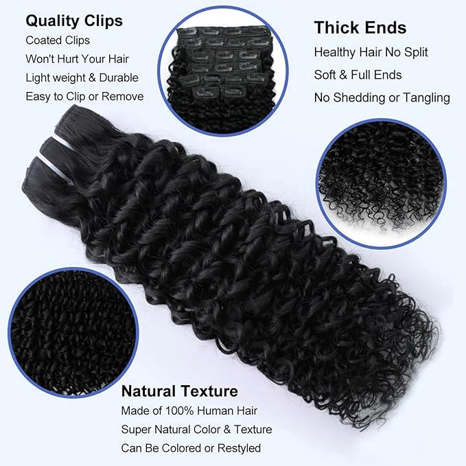 Curly Clip In Hair Extensions Human Hair 16 Inch 3C 4A 110g 8pcs Kinky Curly Clip Ins Full Head for Women Brazilian Remy Human Hair Extensions Natural Color with 20 Clips