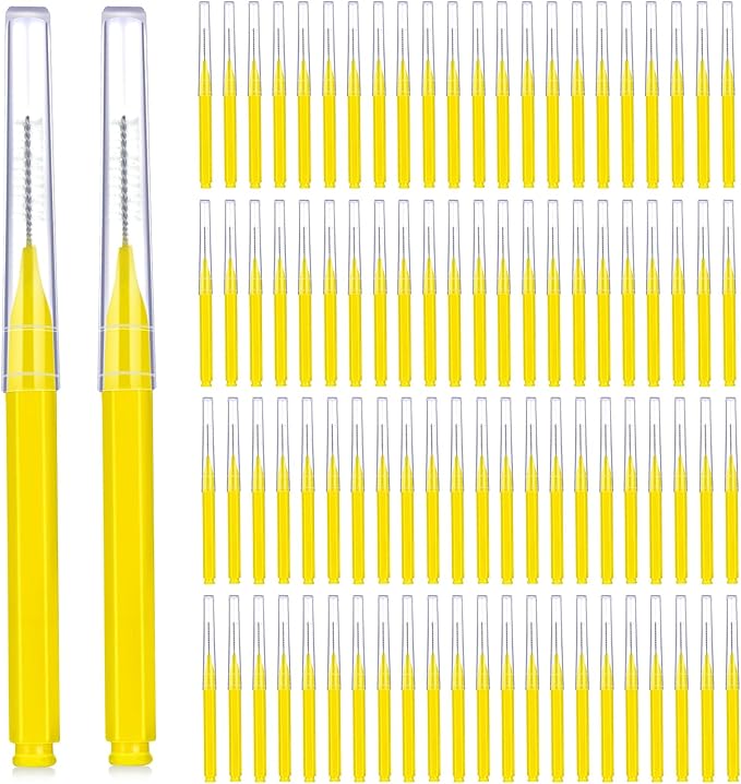 Patelai 100 Pieces Braces Brush for Cleaner Interdental Brush Toothpick Dental Tooth Flossing Head Oral Dental Hygiene Flosser Toothpick Cleaners Tooth Tool(Yellow,Portable Size)